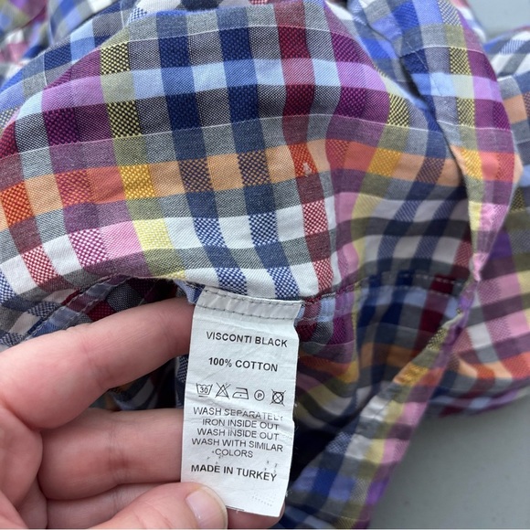 Visconti Black Men's Large Dress Shirt Plaid Check Colorful Multicolor BUTTONS - Picture 7 of 10